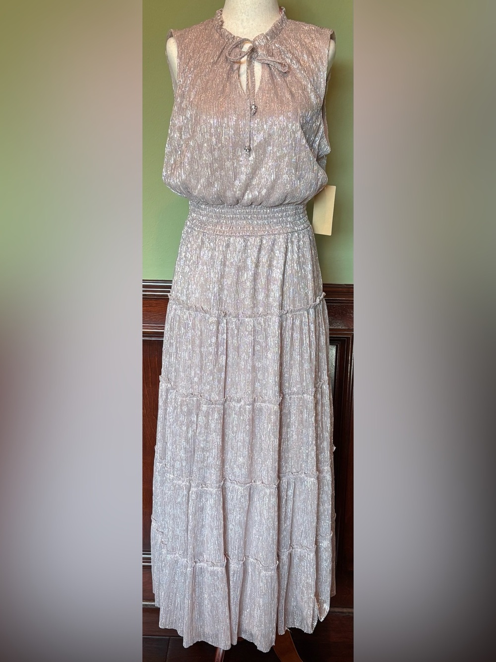 Nordstrom Metallic Blush Pink Sleeveless Tiered Maxi Dress